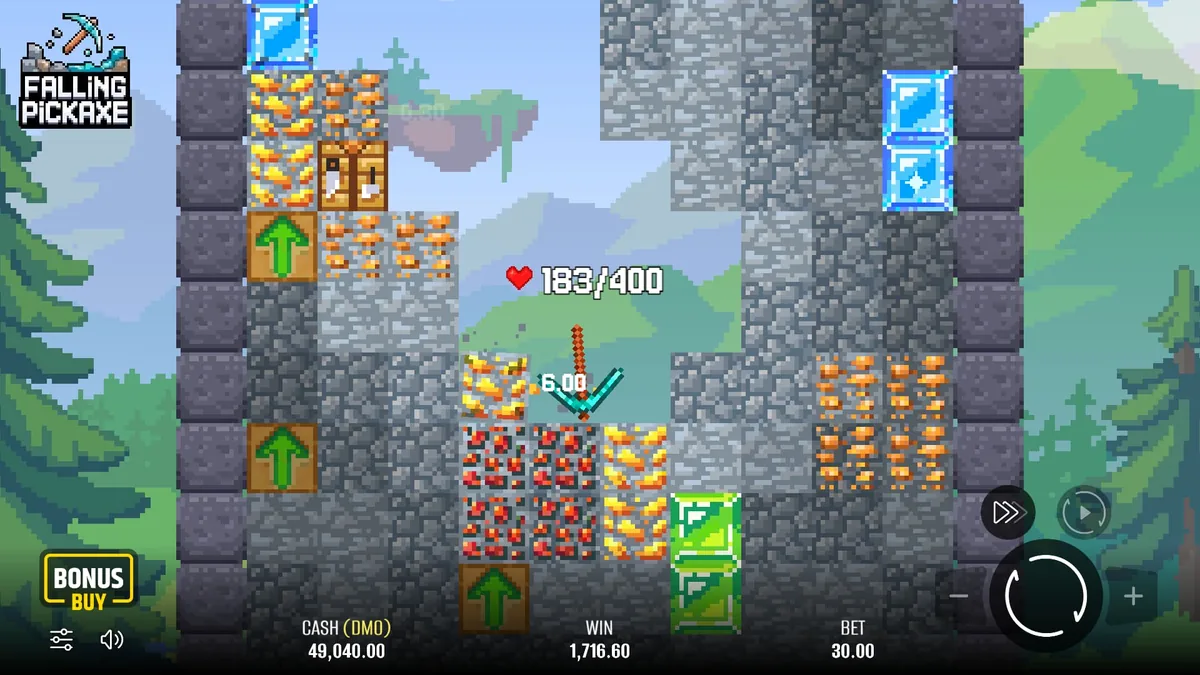 Chute en cours dans Falling Pickaxe : blocs d'or, de redstone et de diamant révélés